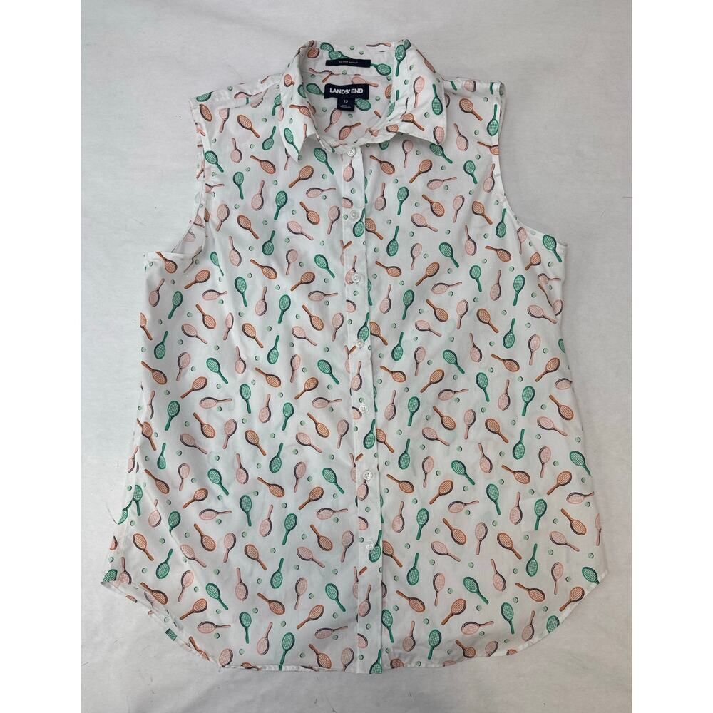 Tennis Racket Print Land’s End Sleeveless Button Shirt Supima Cotton - Size 12